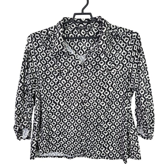 Womens Notations Black & White Print Blouse Button Up Polyester 3/4 Sleeve 2X - Picture 1 of 9